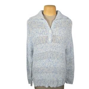 Talbots Blue White Open Knit Sweater Collared‎ Pullover XL Coatal Resort Beachy